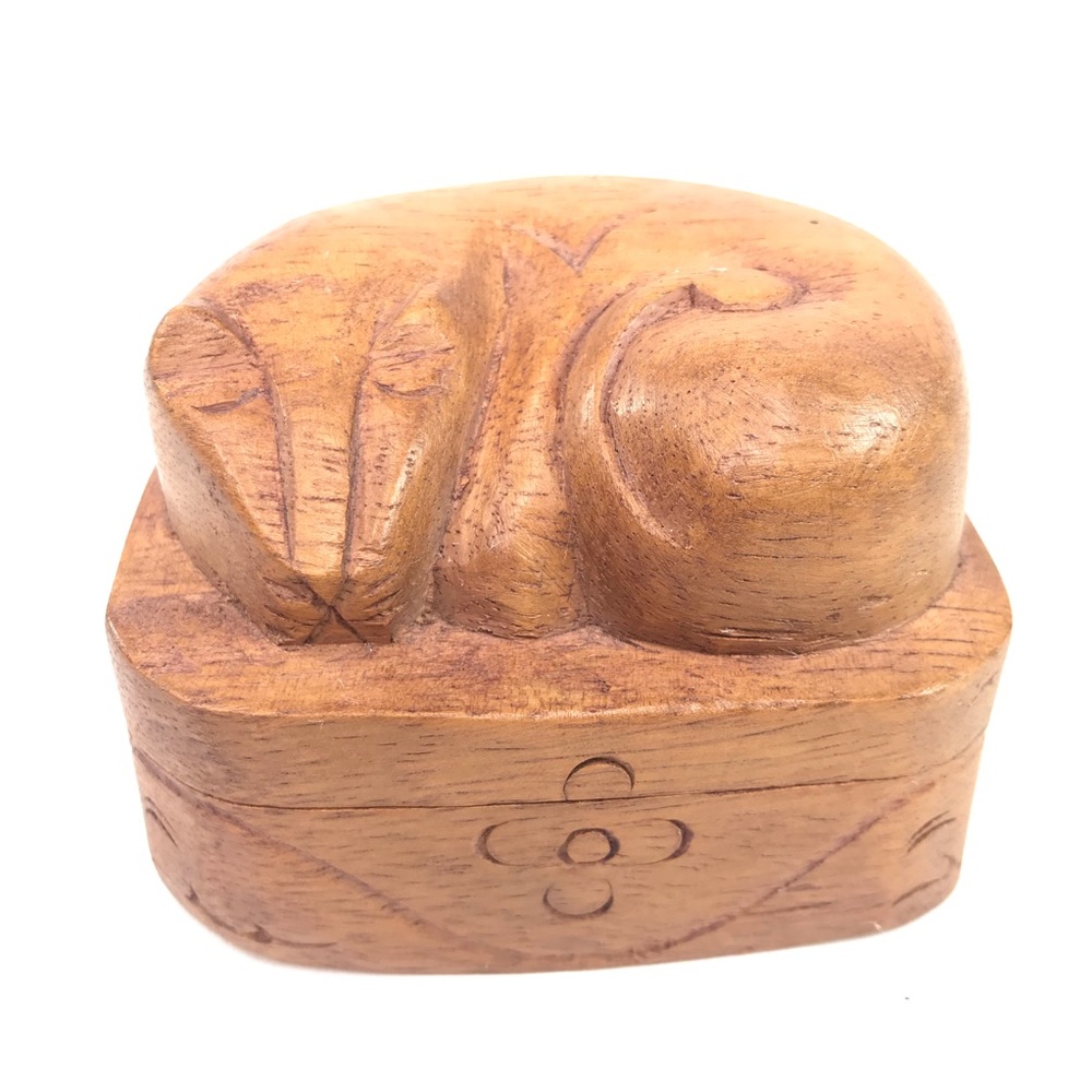 Vintage Folk Art Hand Carved Wooden Sleeping Kitten Cat Lidded Box